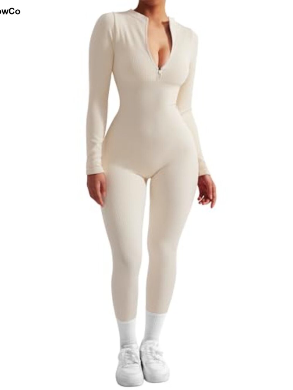 Women Ribbed Seamless Zip Up Long Sleeve Bodycon Jumpsuit Workout Romper